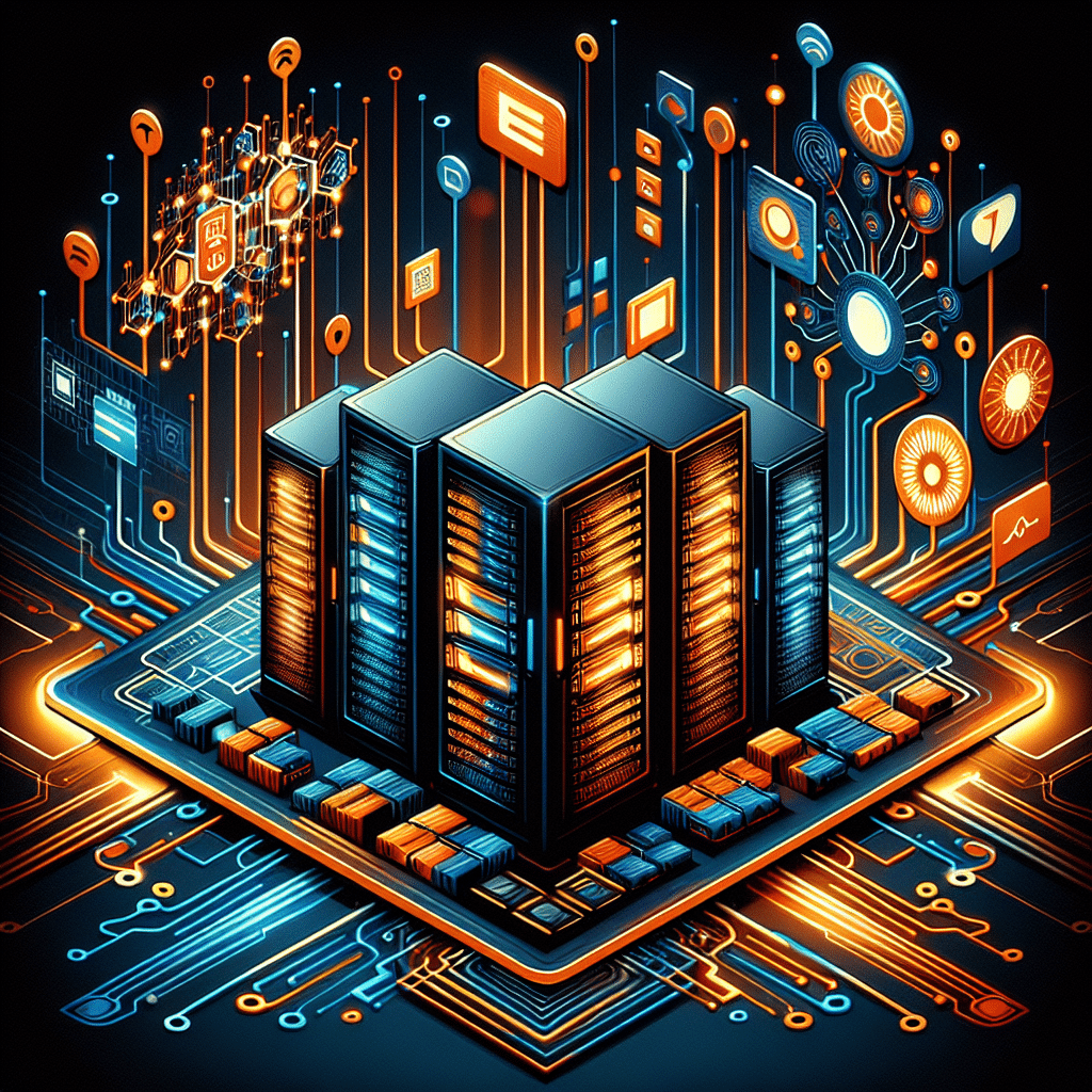 SEO Alt-Text: "Sleek, modern illustration of AI infrastructure powering data centers, featuring glowing stylized server racks, orange and blue network cables, abstract chipsets, and neural network patterns. The high-tech scene prominently highlights Broadcom and Marvell logos, set in a futuristic environment to symbolize innovation, scale, and growth. Designed in vibrant orange (#FF9811), dark blue (#000D43), and midnight blue (#021B88) for a professional tech brand aesthetic, image size 1200 x 628 pixels."