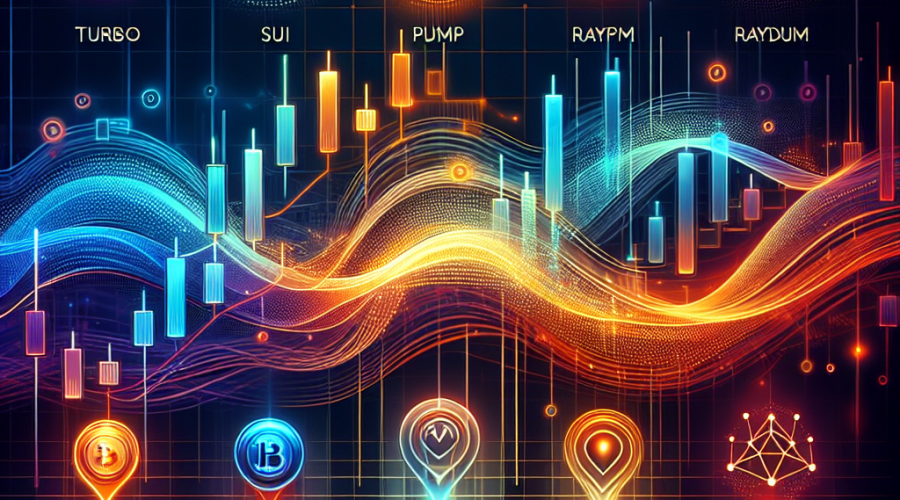 **SEO-optimized alt-text:** Futuristic digital illustration sized 1200 x 628 pixels depicting the evolving crypto market landscape with glowing, dynamic waveforms symbolizing liquidity flow. Distinctive icons for Turbo, Sui, Pump.fun, Raydium, and Solana are interconnected, set against a backdrop of vivid orange (#FF9811), dark blue (#000D43), and midnight blue (#021B88) gradients. The scene features chart lines representing market volatility alongside abstract network nodes and code motifs, visually blending speculative trading excitement with the strength of blockchain innovation in a modern, professional design.