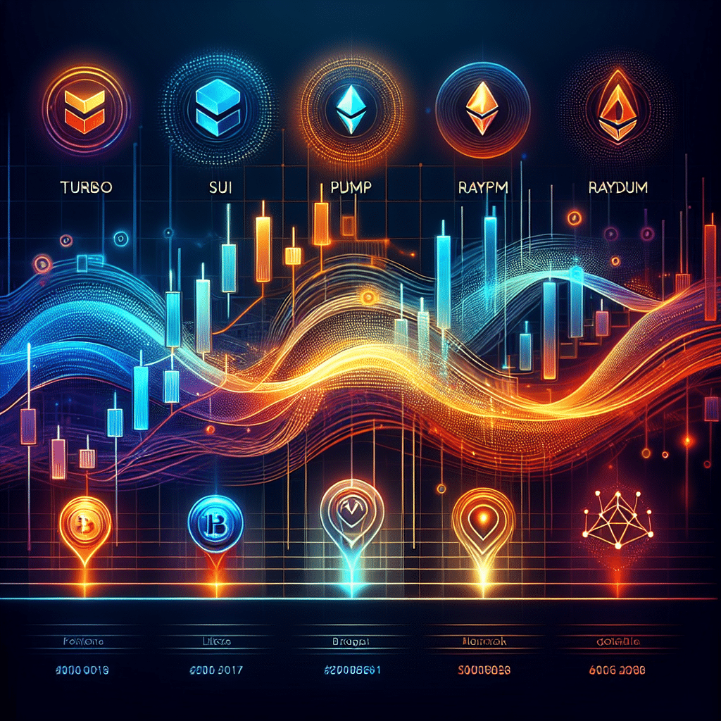 **SEO-optimized alt-text:** Futuristic digital illustration sized 1200 x 628 pixels depicting the evolving crypto market landscape with glowing, dynamic waveforms symbolizing liquidity flow. Distinctive icons for Turbo, Sui, Pump.fun, Raydium, and Solana are interconnected, set against a backdrop of vivid orange (#FF9811), dark blue (#000D43), and midnight blue (#021B88) gradients. The scene features chart lines representing market volatility alongside abstract network nodes and code motifs, visually blending speculative trading excitement with the strength of blockchain innovation in a modern, professional design.