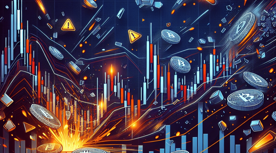 Sure! Here’s an optimized SEO alt-text for your described image: **SEO Alt-Text:** "Stylized candlestick chart with a dramatic upward surge illustrating a 5 million crypto market liquidation due to a short squeeze, featuring vibrant orange #FF9811 highlights and deep blues #000D43, #021B88. Digital tokens tumble and warning symbols signal volatility and panic against a modern, professional financial blog background." Let me know if you’d like the format tweaked or more targeted keywords included!