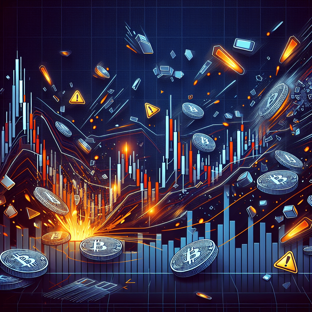Sure! Here’s an optimized SEO alt-text for your described image: **SEO Alt-Text:** "Stylized candlestick chart with a dramatic upward surge illustrating a $105 million crypto market liquidation due to a short squeeze, featuring vibrant orange #FF9811 highlights and deep blues #000D43, #021B88. Digital tokens tumble and warning symbols signal volatility and panic against a modern, professional financial blog background." Let me know if you’d like the format tweaked or more targeted keywords included!