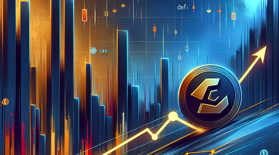 **SEO Alt Text:** Stylized image featuring the CRV token balanced on the edge of a descending channel graph, set against a dark blue and midnight blue abstract background with bold orange (#FF9811) accents. The design includes candlestick charts, upward and downward arrows indicating potential price movement, faint warning icons and digital locks referencing DeFi and risk, all evoking tense market sentiment, critical support and resistance levels, and uncertainty—ideal for articles about CRV token analysis, DeFi risk, and cryptocurrency price trends.