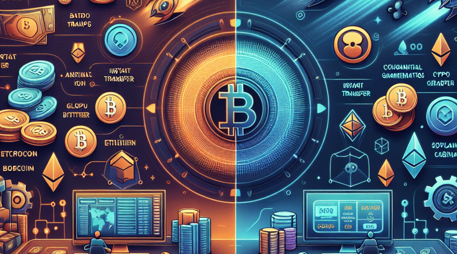 SEO-optimized alt-text: Futuristic illustration comparing traditional online gambling vs. next-gen crypto casinos, split-screen style. The left features classic casino UI, bank cards, slow gears, and regulation icons, while the right showcases a dynamic crypto casino dashboard with flying Bitcoin, Ethereum, USDT, Solana, Dogecoin, Cardano, and XRP tokens, instant transfer animations, and flashy esports visuals. Vibrant design incorporates brand colors Orange #FF9811, Dark Blue #000D43, and Midnight Blue #021B88 with smooth gradients, sized for a 1200x628px WordPress blog header on the future of digital gambling.