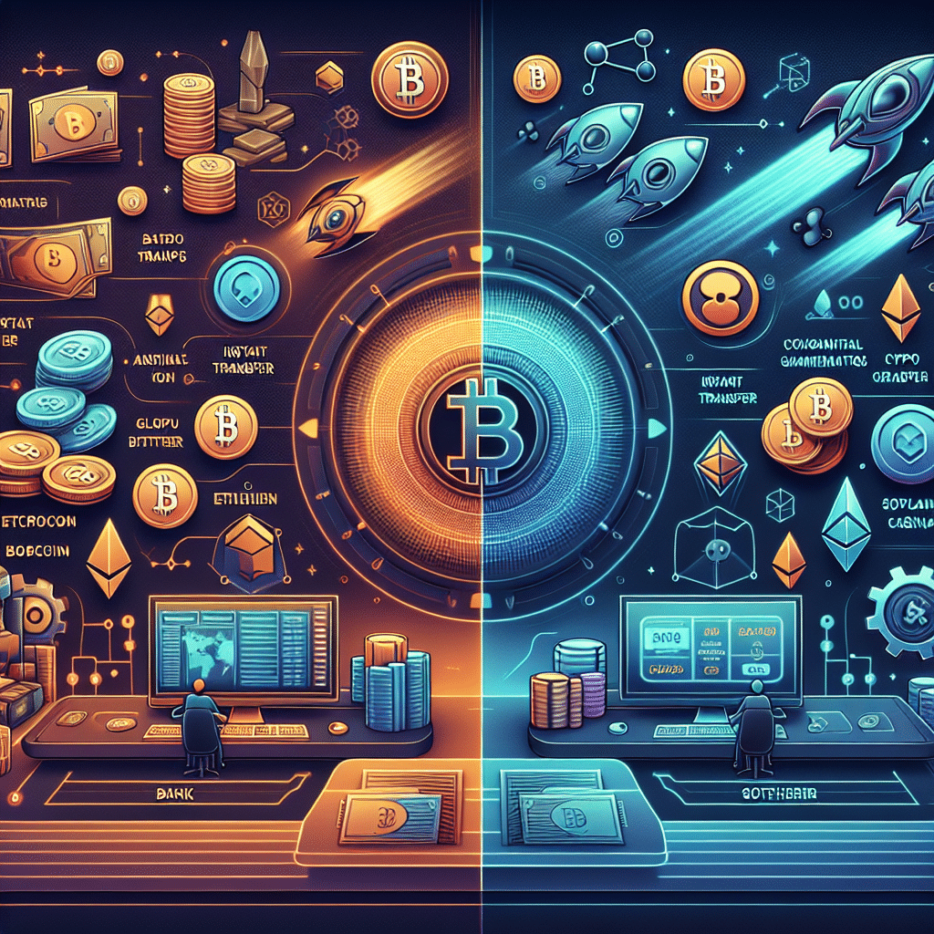SEO-optimized alt-text: Futuristic illustration comparing traditional online gambling vs. next-gen crypto casinos, split-screen style. The left features classic casino UI, bank cards, slow gears, and regulation icons, while the right showcases a dynamic crypto casino dashboard with flying Bitcoin, Ethereum, USDT, Solana, Dogecoin, Cardano, and XRP tokens, instant transfer animations, and flashy esports visuals. Vibrant design incorporates brand colors Orange #FF9811, Dark Blue #000D43, and Midnight Blue #021B88 with smooth gradients, sized for a 1200x628px WordPress blog header on the future of digital gambling.