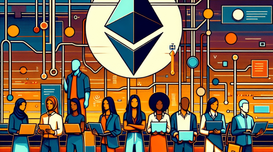 **SEO-optimized alt-text:** A modern, professional 1200x628 pixel illustration of a diverse group of developers collaborating and creating innovative applications around an abstract Ethereum symbol, set against a background featuring subtle blockchain and code motifs. The image uses a cohesive color palette of orange (#FF9811), dark blue (#000D43), and midnight blue (#021B88) to convey inclusivity, technological progress, and Ethereum’s commitment to expanding its developer community, designed as a WordPress blog visual.
