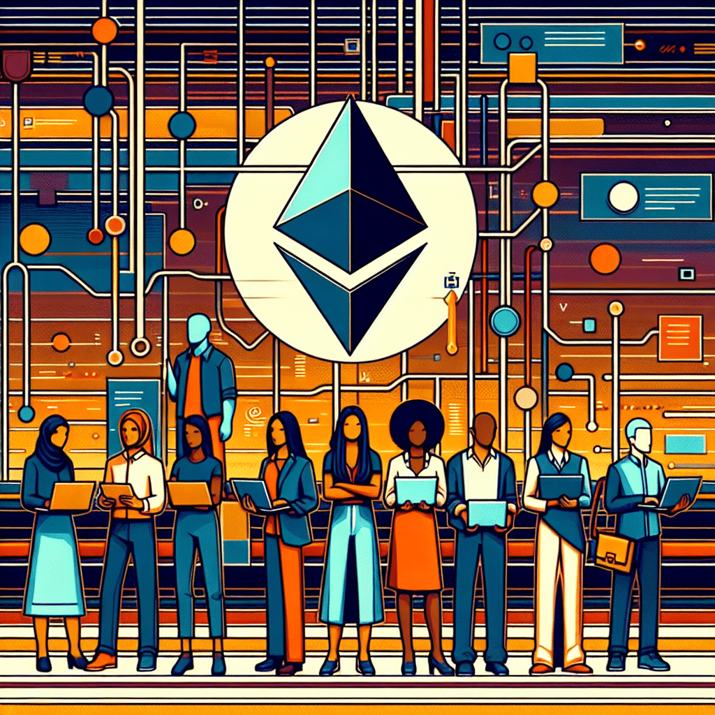 **SEO-optimized alt-text:** A modern, professional 1200x628 pixel illustration of a diverse group of developers collaborating and creating innovative applications around an abstract Ethereum symbol, set against a background featuring subtle blockchain and code motifs. The image uses a cohesive color palette of orange (#FF9811), dark blue (#000D43), and midnight blue (#021B88) to convey inclusivity, technological progress, and Ethereum’s commitment to expanding its developer community, designed as a WordPress blog visual.