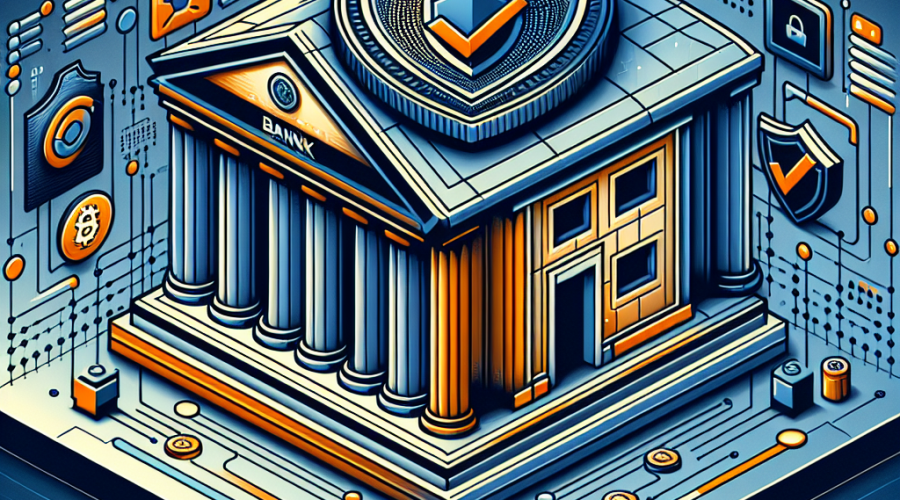 Alt-text suggestion: Sleek modern illustration depicting the merging of US banking and digital stablecoins under new regulations. Central image features a secure digital coin with a shield overlay, resting on a stylized bank building accented with subtle circuitry patterns. The scene is framed by abstract shapes and gradients in vibrant orange (#FF9811), dark blue (#000D43), and midnight blue (#021B88). Visual cues of law and oversight, including a document and checkmark, are integrated, alongside digital network motifs symbolizing innovation and security, all contributing to a professional, balanced, and authoritative composition sized at 1200 x 628 pixels.