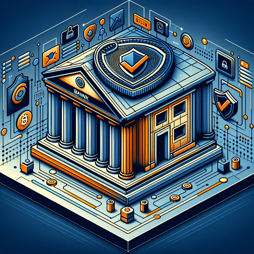 Alt-text suggestion: Sleek modern illustration depicting the merging of US banking and digital stablecoins under new regulations. Central image features a secure digital coin with a shield overlay, resting on a stylized bank building accented with subtle circuitry patterns. The scene is framed by abstract shapes and gradients in vibrant orange (#FF9811), dark blue (#000D43), and midnight blue (#021B88). Visual cues of law and oversight, including a document and checkmark, are integrated, alongside digital network motifs symbolizing innovation and security, all contributing to a professional, balanced, and authoritative composition sized at 1200 x 628 pixels.