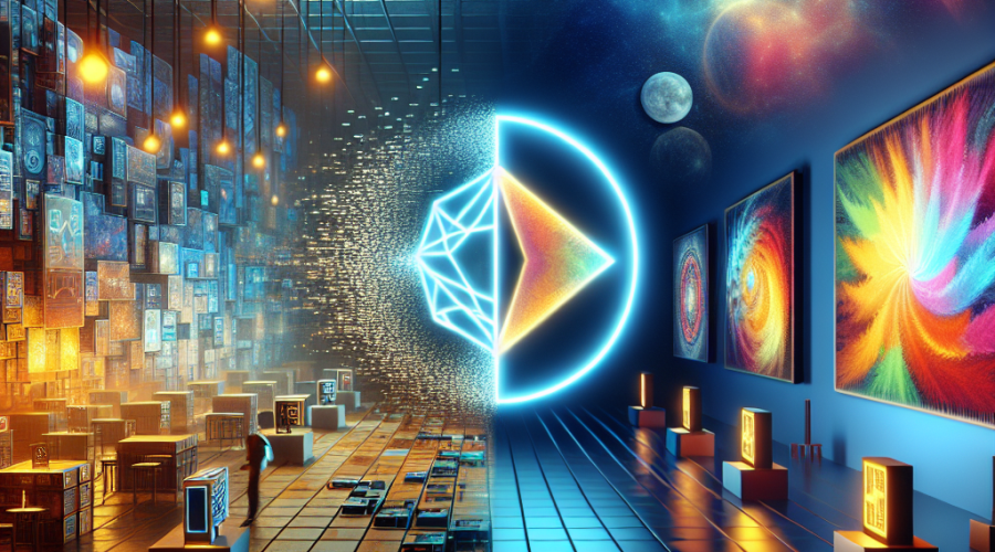 **Suggested SEO Alt-Text:** Sleek digital art scene depicting the evolution of the NFT marketplace to futuristic digital art experiences, featuring a partially fading NFT interface on the left dissolving into geometric shapes, vibrant digital artworks showcased on high-tech gallery screens on the right, and a luminous Ethereum logo bridging both sides. Dominant orange, dark blue, and midnight blue brand colors emphasize resilience and innovation in the NFT digital art industry. Image size: 1200x628 pixels.