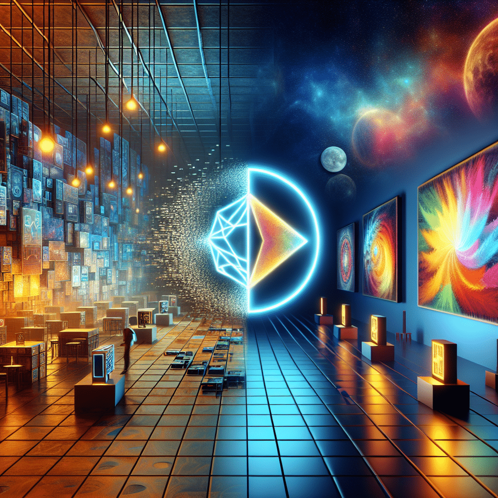 **Suggested SEO Alt-Text:** Sleek digital art scene depicting the evolution of the NFT marketplace to futuristic digital art experiences, featuring a partially fading NFT interface on the left dissolving into geometric shapes, vibrant digital artworks showcased on high-tech gallery screens on the right, and a luminous Ethereum logo bridging both sides. Dominant orange, dark blue, and midnight blue brand colors emphasize resilience and innovation in the NFT digital art industry. Image size: 1200x628 pixels.