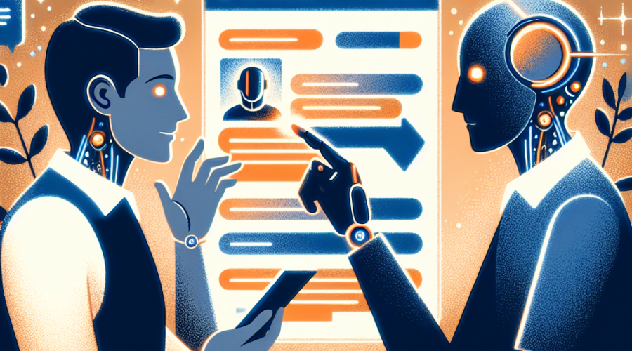 alt="Modern, friendly illustration of a warm human figure collaboratively editing AI-generated text on a large digital screen, featuring subtle digital and robotic elements to represent AI. The person’s gentle gestures and conversational interaction highlight the human touch, all styled in inviting and professional brand colors—vivid orange (#FF9811), dark blue (#000D43), and midnight blue (#021B88)—with a clean layout sized perfectly for a WordPress blog post about humanizing AI content."
