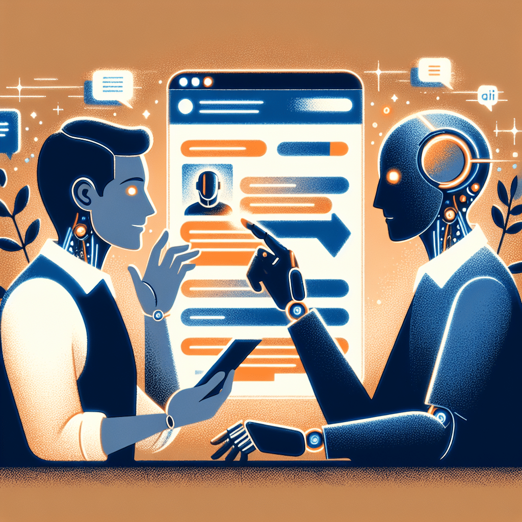 alt="Modern, friendly illustration of a warm human figure collaboratively editing AI-generated text on a large digital screen, featuring subtle digital and robotic elements to represent AI. The person’s gentle gestures and conversational interaction highlight the human touch, all styled in inviting and professional brand colors—vivid orange (#FF9811), dark blue (#000D43), and midnight blue (#021B88)—with a clean layout sized perfectly for a WordPress blog post about humanizing AI content."