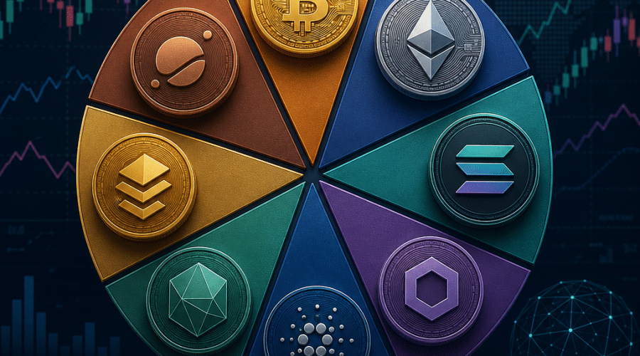 Illustration of a diversified cryptocurrency portfolio with multiple coins and balanced allocation
