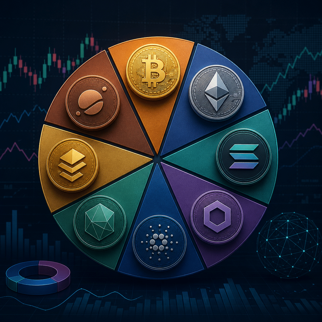 Illustration of a diversified cryptocurrency portfolio with multiple coins and balanced allocation