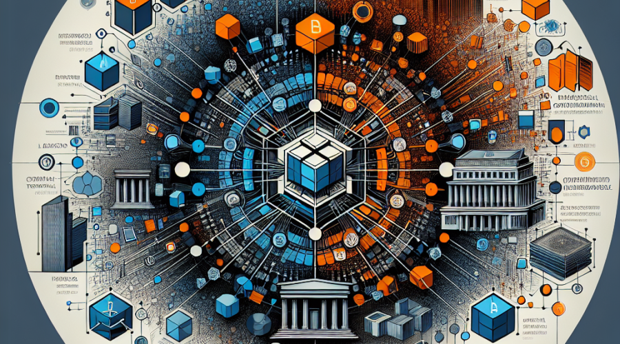 "SEO alt-text: Innovative graphic showcasing the interaction of Digital Asset's Canton Network with Japanese Government Bonds (JGB) via blockchain and collateral transactions. Representation of influential Japanese Financial Institutions- Mizuho Financial Group, Nomura Holdings, and JSCC. Dominant in hues of Orange, Dark Blue, and Midnight Blue, the image symbolizes digitalization in the Japanese bond market."