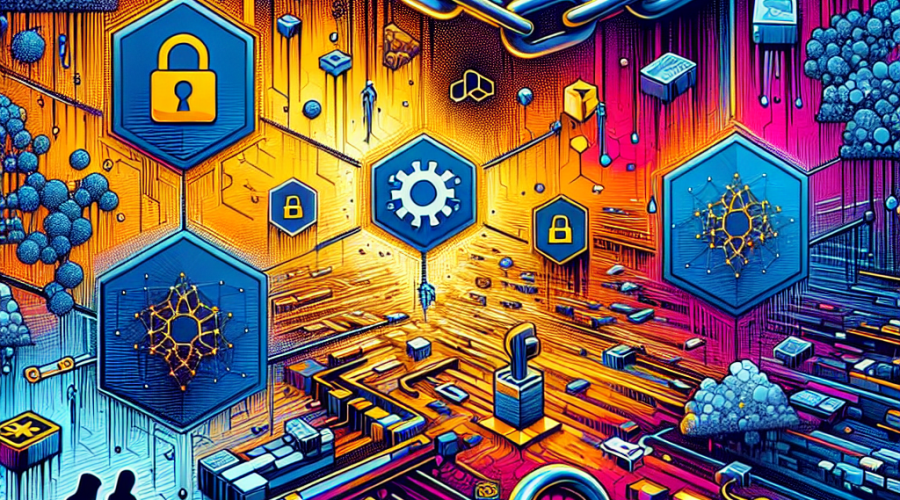 **SEO-Focused Alt-Text:** Dramatic digital landscape illustrating interconnected blockchains and DeFi protocol logos amid a cyber style backdrop in #FF9811, #000D43, and #021B88; prominent signs of security breaches, including broken chains, warning icons, and shadowy hacker figures, convey cascading DeFi exploits and AI-driven threats rippling across multiple platforms—ideal for a modern blog post about DeFi vulnerabilities and cybersecurity risks.