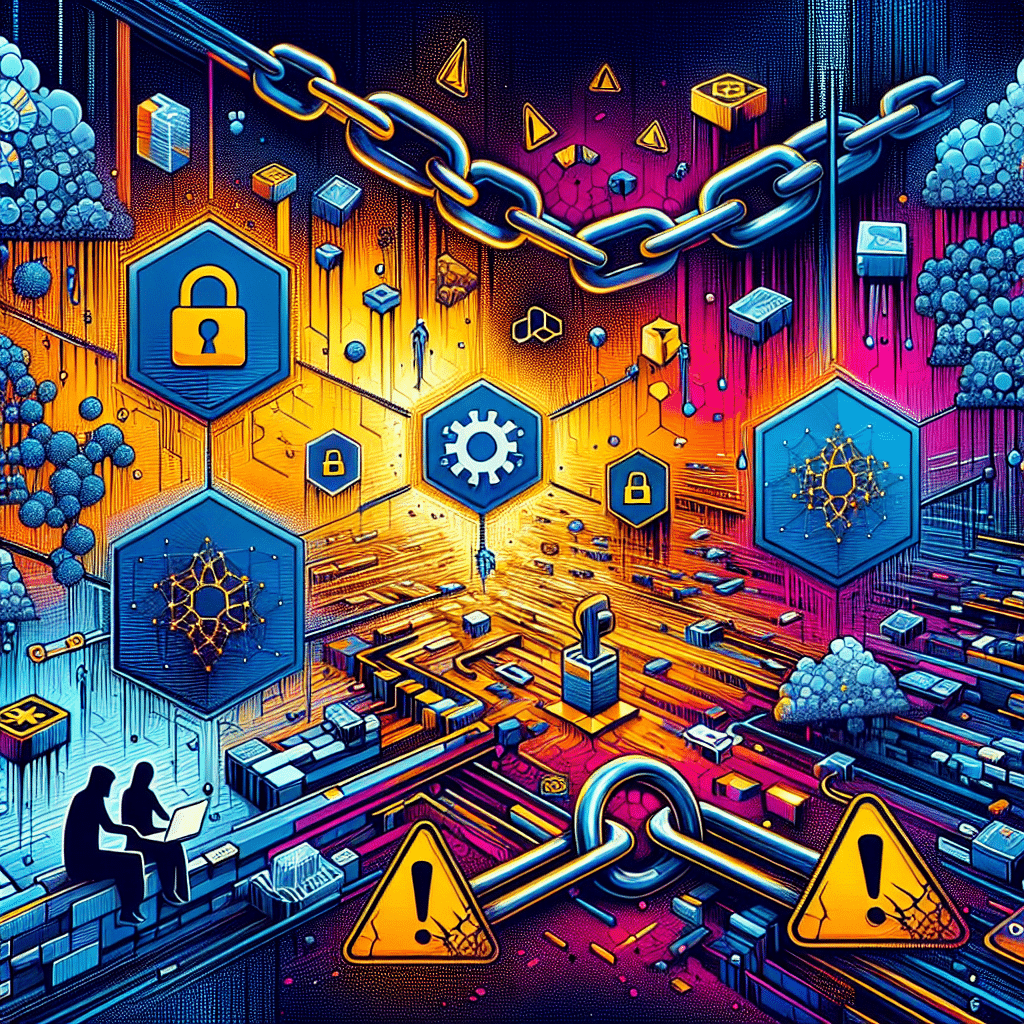 **SEO-Focused Alt-Text:** Dramatic digital landscape illustrating interconnected blockchains and DeFi protocol logos amid a cyber style backdrop in #FF9811, #000D43, and #021B88; prominent signs of security breaches, including broken chains, warning icons, and shadowy hacker figures, convey cascading DeFi exploits and AI-driven threats rippling across multiple platforms—ideal for a modern blog post about DeFi vulnerabilities and cybersecurity risks.