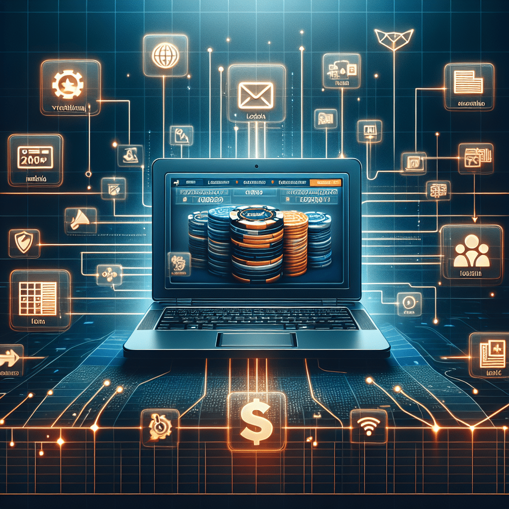 **SEO Alt-Text:** Modern online casino platform gaining credibility and visibility through digital media on a sleek laptop screen, surrounded by news article icons, trust signals, and digital press release symbols; featuring brand colors orange (#FF9811), dark blue (#000D43), and midnight blue (#021B88); overlaid with motifs of media headlines, network connections, and upward business graphs to represent growth and trust, styled in a clean, tech-savvy design for a 1200x628 pixel blog banner.