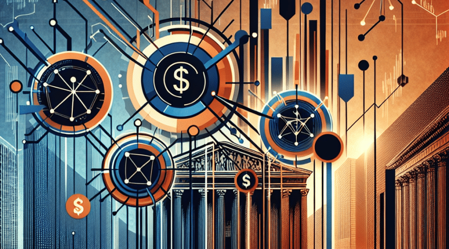 SEO Alt-Text: Digital illustration depicting abstract icons for the Magnificent Seven tech companies—Apple, Microsoft, Alphabet, Meta, Amazon, Nvidia, and Tesla—as interconnected pillars radiating from a central hub. The background features subtle AI motifs like circuitry and neural networks, alongside stock market graphs, a silhouette of the Federal Reserve building, and dollar symbols to emphasize economic and policy themes. The sleek, modern design uses a color palette of vibrant orange (#FF9811), dark blue (#000D43), and midnight blue (#021B88) with clean gradients and geometric shapes for a forward-looking, high-tech feel, symbolizing tech earnings, market leadership, and economic influence.