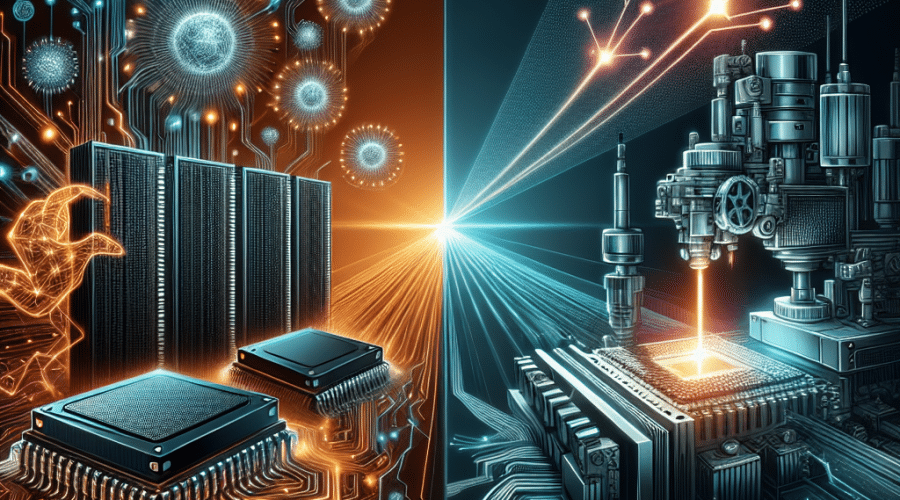 Alt-text for SEO: Modern dynamic blog header image (1200x628 pixels) visually representing the booming AI-powered semiconductor industry, featuring stylized Micron memory chips and data center server racks with vibrant digital data streams and AI neural network patterns on one side, and a futuristic ASML chip fabrication machine emitting beams of light shaping intricate microchip circuits on the other. The design uses bold orange (#FF9811), deep dark blue (#000D43), and midnight blue (#021B88), with subtle AI motifs like neural networks and data streams, creating an energetic, high-tech atmosphere that highlights the essential roles of Micron and ASML in the AI hardware revolution.