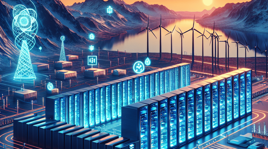 Certainly! Here’s a great SEO-optimized alt-text for your described image: **Alt-text:** Modern digital illustration of a futuristic data center in a Norwegian landscape with mountains and water, primarily in orange (#FF9811), dark blue, and midnight blue colors. Rows of glowing Nvidia GPU-marked server racks, a prominent Microsoft logo, and renewable hydropower turbines emphasize sustainability and cold climate. Subtle AI symbols like neural waves and circuit lines flow from the data center toward Europe, illustrating innovation, renewable energy, and Microsoft’s leadership in AI infrastructure.