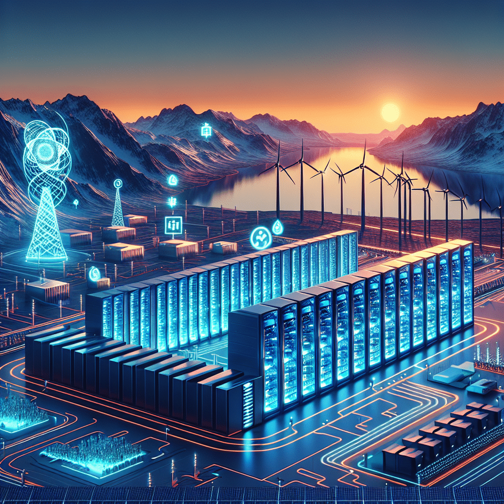 Certainly! Here’s a great SEO-optimized alt-text for your described image: **Alt-text:** Modern digital illustration of a futuristic data center in a Norwegian landscape with mountains and water, primarily in orange (#FF9811), dark blue, and midnight blue colors. Rows of glowing Nvidia GPU-marked server racks, a prominent Microsoft logo, and renewable hydropower turbines emphasize sustainability and cold climate. Subtle AI symbols like neural waves and circuit lines flow from the data center toward Europe, illustrating innovation, renewable energy, and Microsoft’s leadership in AI infrastructure.