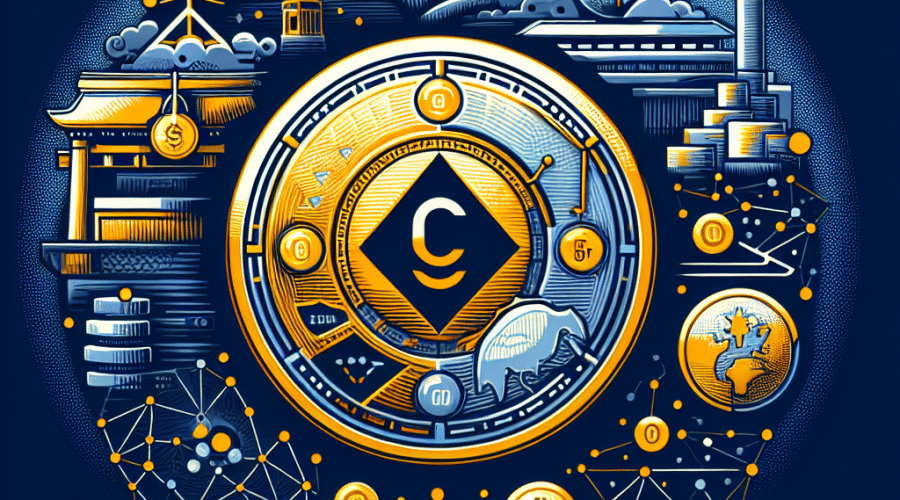 "Golden Zipangcoin centered with tokenized symbols of gold, silver, and platinum on a midnight blue background (#021B88). Traditional commodity market and digital blockchain network images depict synergy of traditional trading and modern technology. Dark blue text (#000D43) reads 'Japanese Giant Mitsui Launches Tokenized Assets on Optimism' with a smaller orange text (#FF9811) 'April 20' below. Mitsui & Co. Digital commodities logo in white at the bottom right. It symbolizes Mitsui's entry into the digital asset industry."
