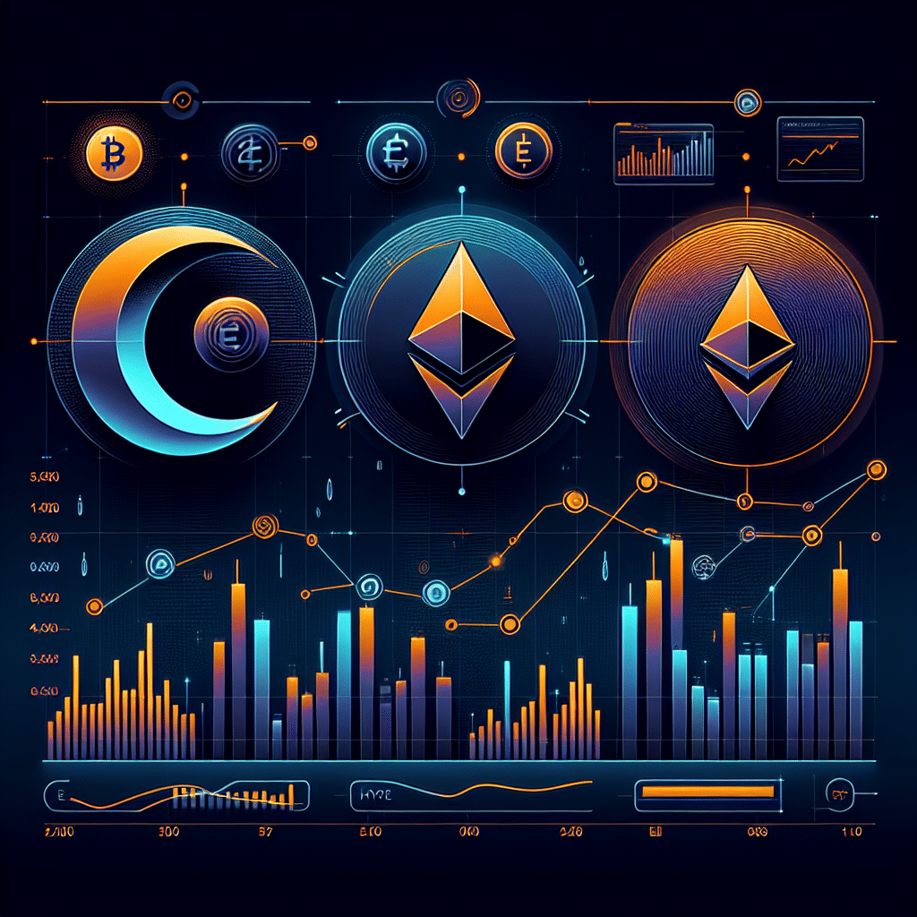 **SEO-optimized alt text:** Modern crypto market dashboard illustration featuring stylized NIGHT, HYPE, and Ethereum tokens; NIGHT symbolized by a glowing midnight-blue crescent, HYPE by dynamic orange upward arrows and digital bars, and Ethereum by a metallic sheen ETH logo, all set against a dark-to-midnight blue gradient background. Dashboard includes candlestick charts, support and resistance lines, bold orange (#FF9811) data highlights, and a digital “extreme fear” gauge—visually balancing market tension and opportunity, ideal for a sophisticated 1200x628px crypto analysis blog feature image.