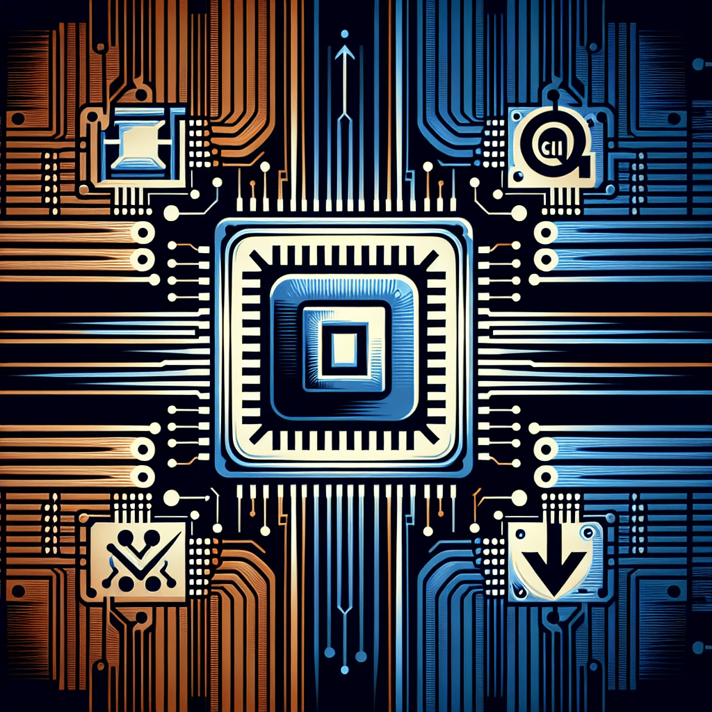 Certainly! Here is an SEO-optimized alt-text for your described image: Alt-text: **Modern digital illustration showing a symbolic battle in the AI chip market between Nvidia and leading tech companies—Google, Amazon, and Microsoft. The design features Nvidia’s logo centered on a stylized GPU, surrounded by abstract AI chips linked to Google, Amazon, and Microsoft, all interconnected with circuit lines. Graphical elements include a downward-trending stock arrow and rising infrastructure investment indicators, set against a sleek, high-tech backdrop in orange (#FF9811), dark blue (#000D43), and midnight blue (#021B88), conveying intense corporate competition and innovation in artificial intelligence hardware.** If you have a specific focus (e.g., highlighting Nvidia’s centrality or the AI chip theme), I can further tailor this alt-text!