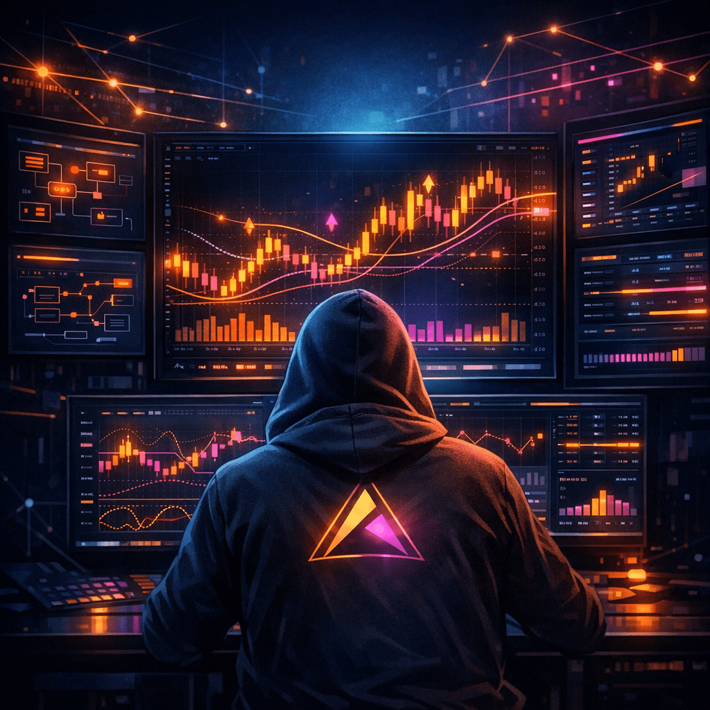 Hooded trader at a multi-screen desk viewing colourful AI-driven market charts in a dark fintech room