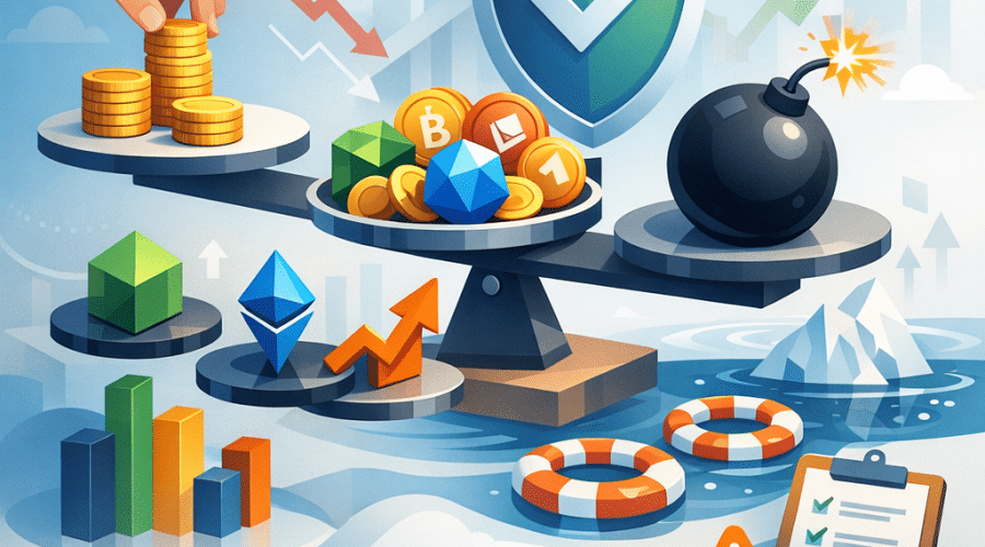 Illustration of a diversified cryptocurrency portfolio and risk-managed allocation