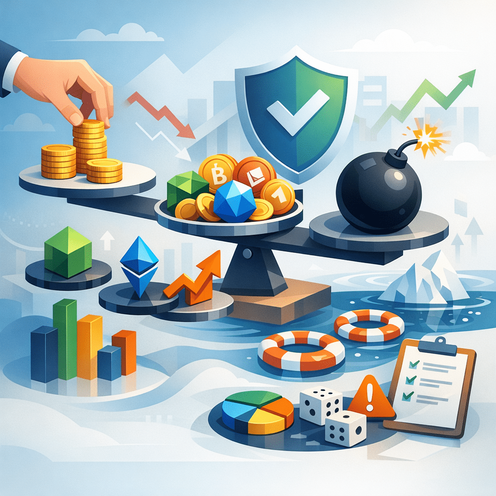 Illustration of a diversified cryptocurrency portfolio and risk-managed allocation