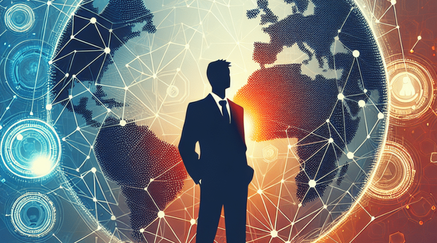Here’s a highly optimized SEO alt-text for your described image: **Alt-text:** "Modern blog header image showing a confident business executive standing in front of a stylized digital globe, interconnected with fintech and blockchain networks. Abstract blockchain links, secure transaction icons, and global payment nodes are overlaid, with gradients and accents in Ripple’s brand colors — Orange, Dark Blue, and Midnight Blue. The dynamic design visually represents leadership, innovation, and global expansion in digital finance, highlighting Ripple’s CEO as Business Leader of the Year." If you need the alt-text shortened or adapted for a specific CMS, let me know!