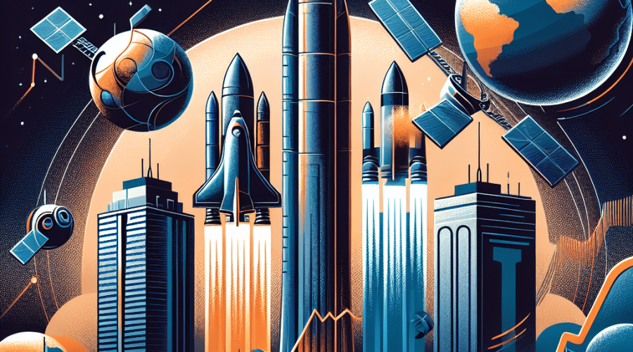 **SEO Alt-Text:** Sleek, modern financial blog image (1200x628 pixels) showcasing the rise of space stocks with stylized rocket launches for Rocket Lab, lunar landers for Intuitive Machines, and Earth-observing satellites for Planet Labs. The design features upward growth graphs, expanding contract backlogs, and investment icons, all highlighted in bold orange (#FF9811), dark blue (#000D43), and midnight blue (#021B88) tones. Futuristic, aspirational atmosphere conveys financial momentum and confidence in private space industry investments.