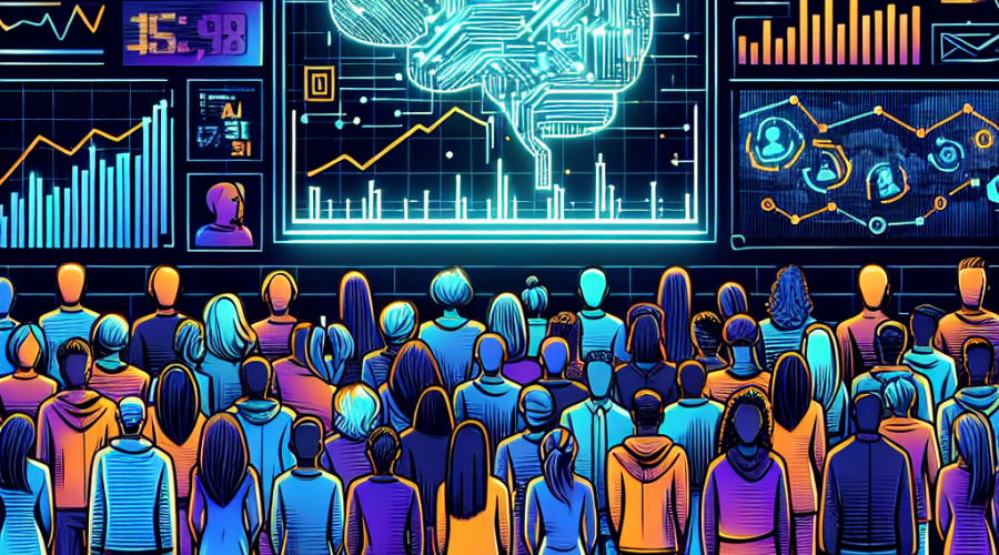 **SEO Alt-Text:** Sleek, modern illustration featuring a diverse group of everyday investors viewing a digital stock ticker displaying "Robinhood Ventures Fund I" and "OpenAI M." The background combines an AI-inspired abstract brain with circuit elements, neon gradients, digital nodes, and silhouettes of the NYSE building and stock charts. Brand colors include bright orange highlights (#FF9811), dark blue (#000D43), and midnight blue (#021B88), visually symbolizing the democratization of tech investing and the intersection of fintech and artificial intelligence. Image is 1200 x 628 pixels.