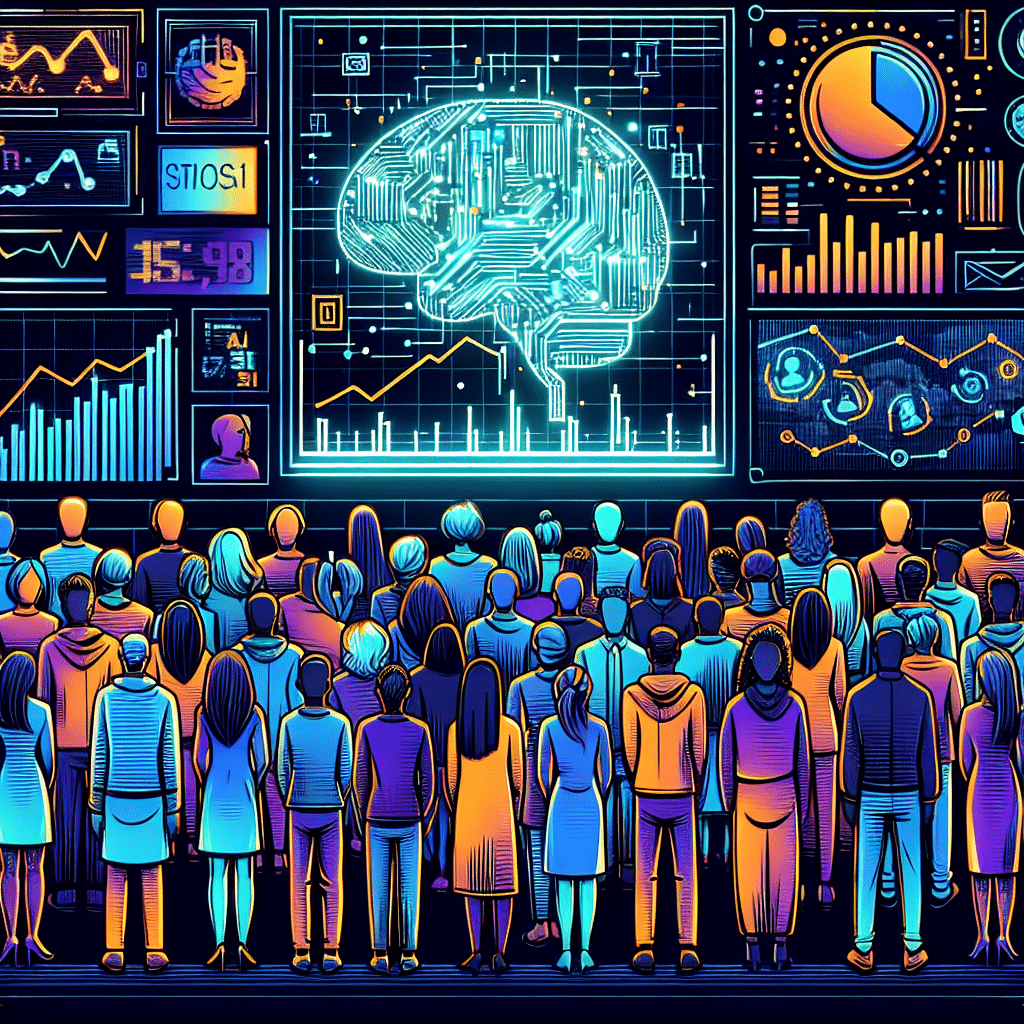 **SEO Alt-Text:** Sleek, modern illustration featuring a diverse group of everyday investors viewing a digital stock ticker displaying "Robinhood Ventures Fund I" and "OpenAI $75M." The background combines an AI-inspired abstract brain with circuit elements, neon gradients, digital nodes, and silhouettes of the NYSE building and stock charts. Brand colors include bright orange highlights (#FF9811), dark blue (#000D43), and midnight blue (#021B88), visually symbolizing the democratization of tech investing and the intersection of fintech and artificial intelligence. Image is 1200 x 628 pixels.