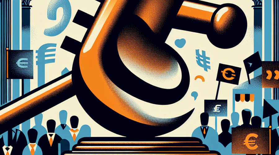 **SEO Alt-Text:** Modern digital illustration depicting a dark blue and orange gavel striking a Netflix app icon, symbolizing legal justice, with an abstract crowd of Italian consumers in the background. The scene uses dominant orange (#FF9811), dark blue (#000D43), and midnight blue (#021B88) colors. Visual cues of streaming lines, euro symbols, refund notes, the Italian flag, and a subtle Rome skyline emphasize the context of Italian consumers seeking refunds from Netflix. Perfect for tech/legal news about streaming refunds in Italy, sized 1200 x 628 pixels.