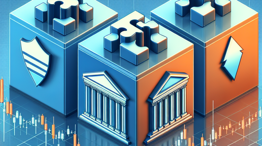 **SEO Optimized Alt Text:** Sleek, modern 1200x628px illustration visualizing ETFs as interlocking puzzle pieces labeled Presidency, Senate, and House, split into Democratic blue and Republican orange color blocks aligned with #FF9811, #000D43, and #021B88 brand colors. Background blends a digital stock chart and candlestick overlay with subtle US Capitol and White House outlines, emphasizing innovation and financial opportunity in political prediction markets meeting Wall Street, in a clean, professional design style.