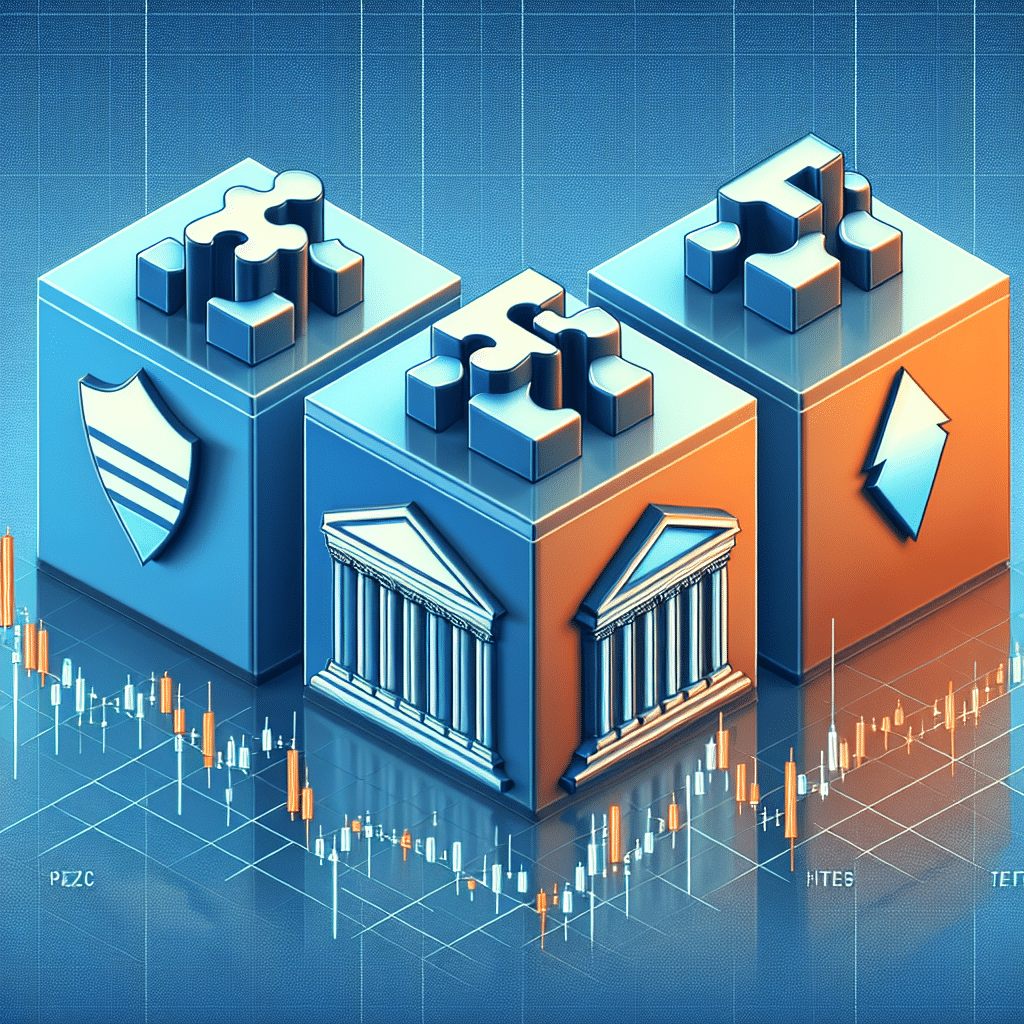 **SEO Optimized Alt Text:** Sleek, modern 1200x628px illustration visualizing ETFs as interlocking puzzle pieces labeled Presidency, Senate, and House, split into Democratic blue and Republican orange color blocks aligned with #FF9811, #000D43, and #021B88 brand colors. Background blends a digital stock chart and candlestick overlay with subtle US Capitol and White House outlines, emphasizing innovation and financial opportunity in political prediction markets meeting Wall Street, in a clean, professional design style.
