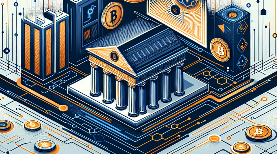 **SEO Alt-Text:** Modern fintech banner illustrating the integration of traditional banking and blockchain technology for cross-border institutional payments, featuring a classic bank building seamlessly connected to a stylized blockchain network with digital token symbols like USDC and USDT; instant settlement and global connectivity are highlighted with flowing digital pathways, while Singapore Gulf Bank’s brand colors—bold orange (#FF9811), dark blue (#000D43), and midnight blue (#021B88)—are professionally integrated throughout the 1200x628 pixel composition.
