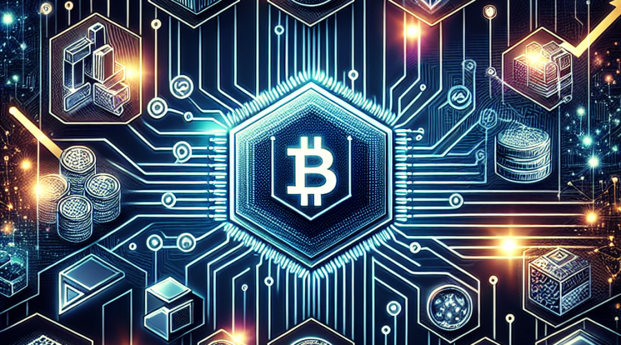 **SEO Alt-Text:** Sleek, modern technology image (1200x628px) using brand colors #FF9811, #000D43, and #021B88, featuring a glowing blockchain circuit merging with industrial materials like metal, plastic, and rare earth elements at the center. Subtle digital identity icons and tokens are overlaid, with dynamic upward-chart lines and an abstract stock arrow illustrating innovation, supply chain transformation, and recent market growth. Clean and professional style, ideal for a leading technology brand focused on the intersection of physical assets and digital technology.