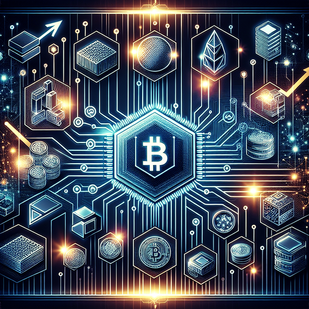 **SEO Alt-Text:** Sleek, modern technology image (1200x628px) using brand colors #FF9811, #000D43, and #021B88, featuring a glowing blockchain circuit merging with industrial materials like metal, plastic, and rare earth elements at the center. Subtle digital identity icons and tokens are overlaid, with dynamic upward-chart lines and an abstract stock arrow illustrating innovation, supply chain transformation, and recent market growth. Clean and professional style, ideal for a leading technology brand focused on the intersection of physical assets and digital technology.