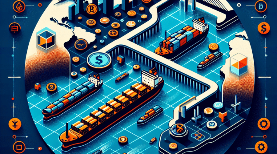 **SEO Alt-Text:** Header image showing a stylized map outline of the Strait of Hormuz in the center, with digital crypto icons like stablecoin symbols and a prominent Bitcoin symbol forming a virtual tollgate barrier across the blue ocean. Several shipping tankers are moving through, leaving behind trails of digital currency symbols to illustrate the concept of crypto toll payments. The design is modern and authoritative, featuring geometric accents and shapes in vibrant orange (#FF9811), dark blue (#000D43), and midnight blue (#021B88) to represent international trade, geopolitical power, and the influence of digital assets. Sized at 1200x628 pixels.