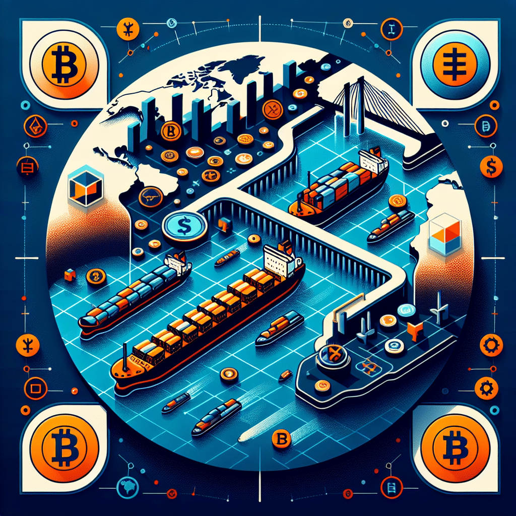 **SEO Alt-Text:** Header image showing a stylized map outline of the Strait of Hormuz in the center, with digital crypto icons like stablecoin symbols and a prominent Bitcoin symbol forming a virtual tollgate barrier across the blue ocean. Several shipping tankers are moving through, leaving behind trails of digital currency symbols to illustrate the concept of crypto toll payments. The design is modern and authoritative, featuring geometric accents and shapes in vibrant orange (#FF9811), dark blue (#000D43), and midnight blue (#021B88) to represent international trade, geopolitical power, and the influence of digital assets. Sized at 1200x628 pixels.