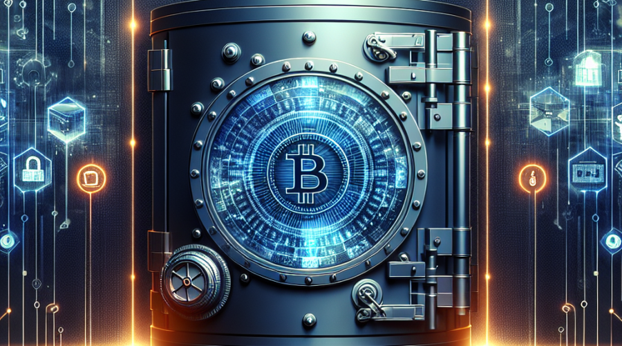 **SEO Alt-Text:** Digital fintech-themed image sized 1200x628 pixels featuring a secure institutional vault with a classic door and digital lock, combined with blockchain symbols like chains and crypto icons. The background uses dark blue and midnight blue tones with dynamic orange accents, and includes a glowing South Korean map motif. Sleek lines and data streams suggest technological innovation, compliance, security, and blockchain adoption for digital asset management in the South Korean corporate sector.