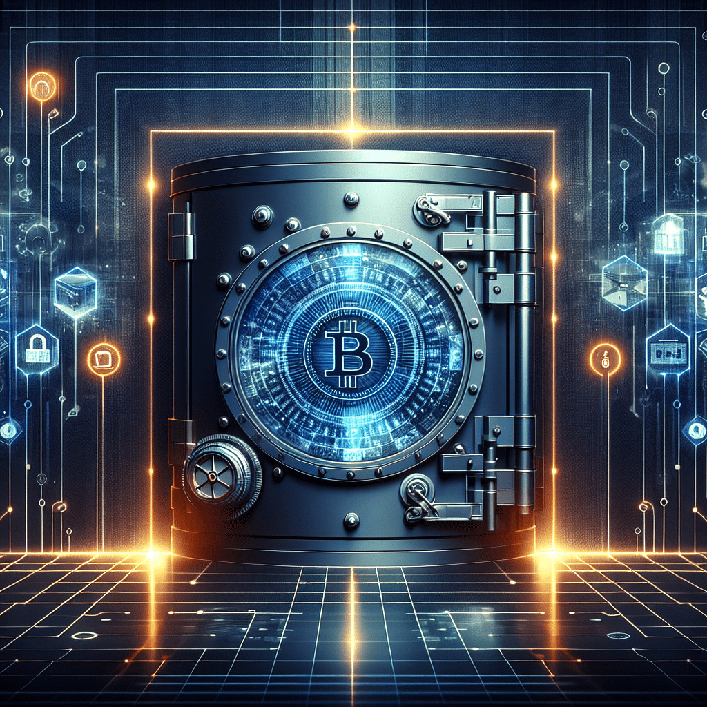 **SEO Alt-Text:** Digital fintech-themed image sized 1200x628 pixels featuring a secure institutional vault with a classic door and digital lock, combined with blockchain symbols like chains and crypto icons. The background uses dark blue and midnight blue tones with dynamic orange accents, and includes a glowing South Korean map motif. Sleek lines and data streams suggest technological innovation, compliance, security, and blockchain adoption for digital asset management in the South Korean corporate sector.