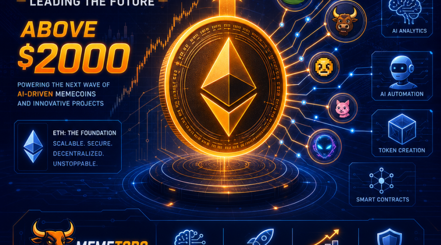 **SEO Alt-Text:** Futuristic blog header image featuring a glowing orange and dark blue Ethereum coin above the 00 mark, with interconnected digital nodes, abstract memecoin icons, AI-inspired graphics, and subtle midnight blue blockchain patterns, symbolizing Ethereum's dominance, capital flow, and the rise of next-generation AI-powered presale projects like MemeToro within a modern, tech-forward digital ecosystem.