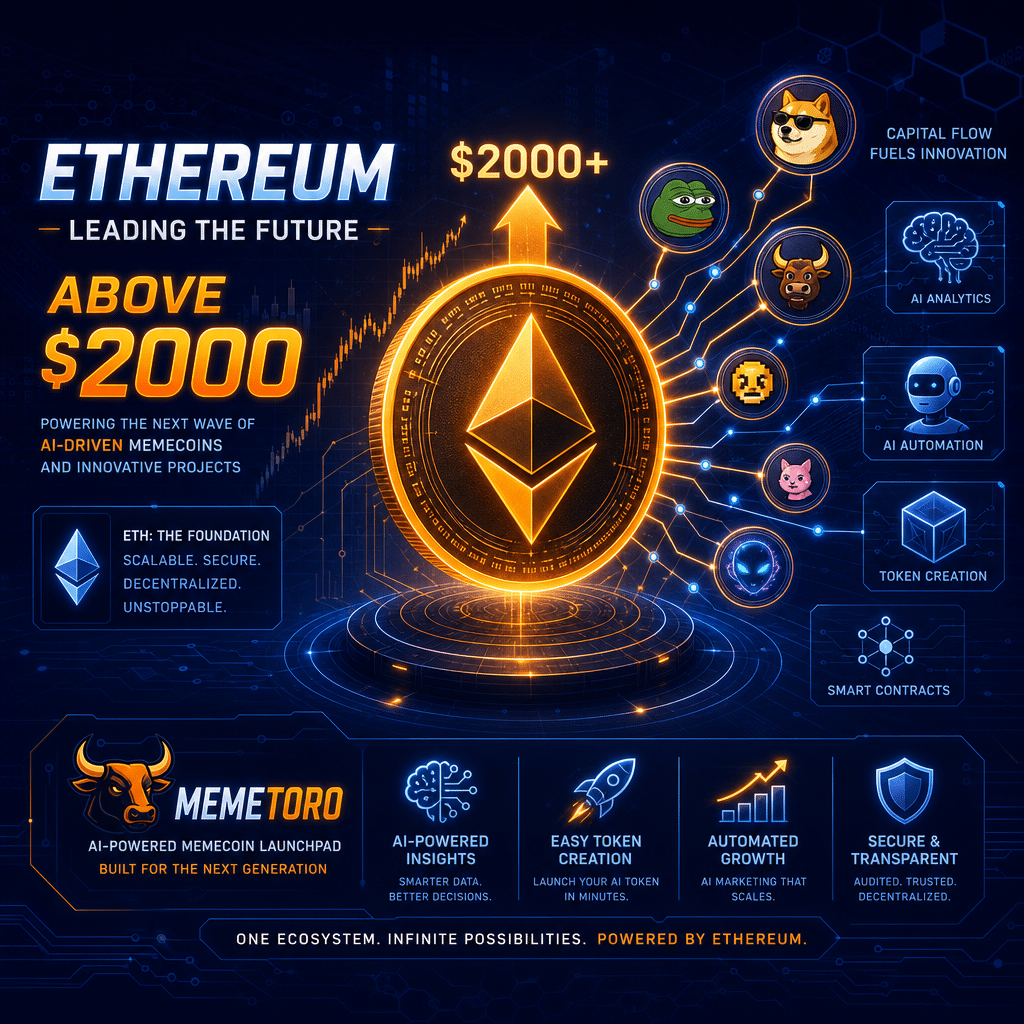 **SEO Alt-Text:** Futuristic blog header image featuring a glowing orange and dark blue Ethereum coin above the $2000 mark, with interconnected digital nodes, abstract memecoin icons, AI-inspired graphics, and subtle midnight blue blockchain patterns, symbolizing Ethereum's dominance, capital flow, and the rise of next-generation AI-powered presale projects like MemeToro within a modern, tech-forward digital ecosystem.