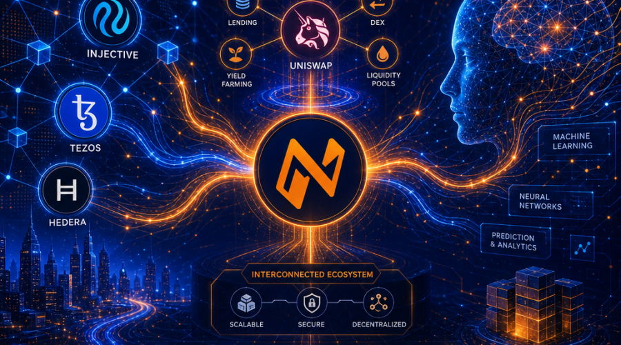 **SEO Alt-Text:** Modern abstract 1200 x 628 pixel image visualizing interconnected blockchain networks and DeFi protocols, with dynamic energy lines, digital asset icons, and geometric shapes symbolizing AI, innovation, and infrastructure integration. Features subtle icons for Injective, Tezos, Uniswap, Hedera, and Bittensor, all unified in a tech-forward color palette of vibrant orange, dark blue, and midnight blue to represent a progressive crypto and AI ecosystem.