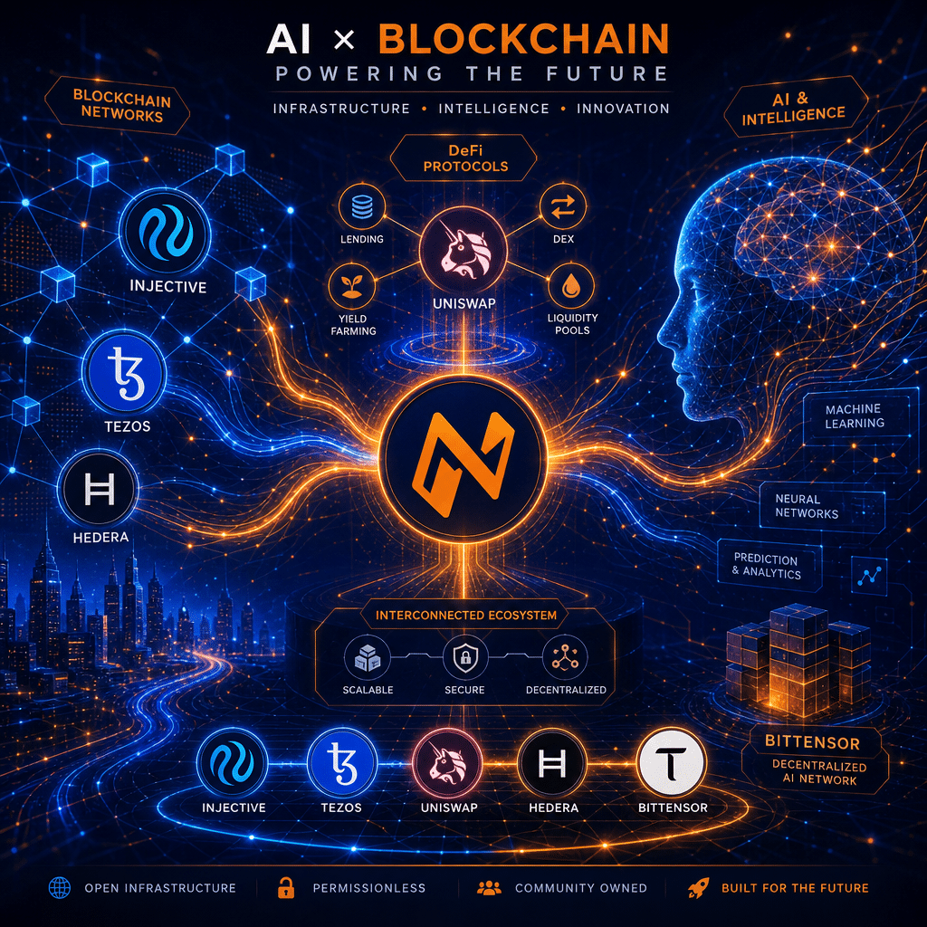 **SEO Alt-Text:** Modern abstract 1200 x 628 pixel image visualizing interconnected blockchain networks and DeFi protocols, with dynamic energy lines, digital asset icons, and geometric shapes symbolizing AI, innovation, and infrastructure integration. Features subtle icons for Injective, Tezos, Uniswap, Hedera, and Bittensor, all unified in a tech-forward color palette of vibrant orange, dark blue, and midnight blue to represent a progressive crypto and AI ecosystem.